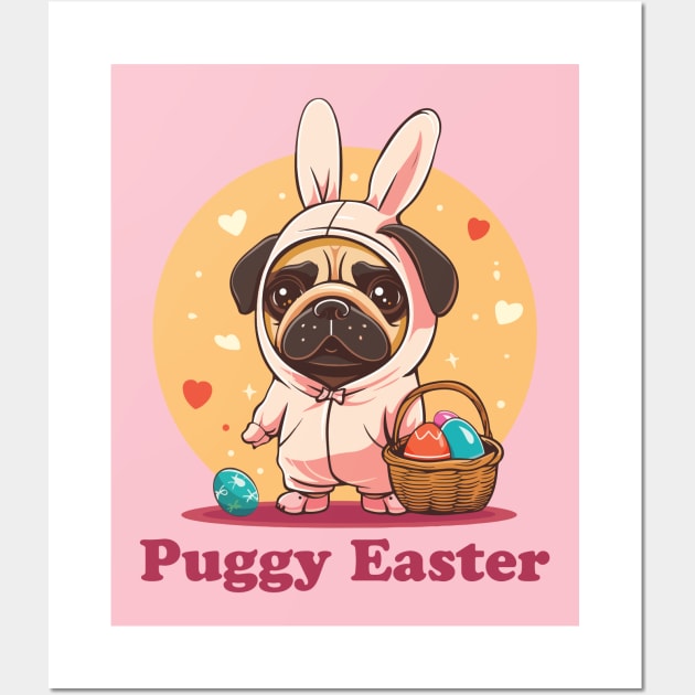 Easter bunny pug easter eggs Wall Art by StepInSky